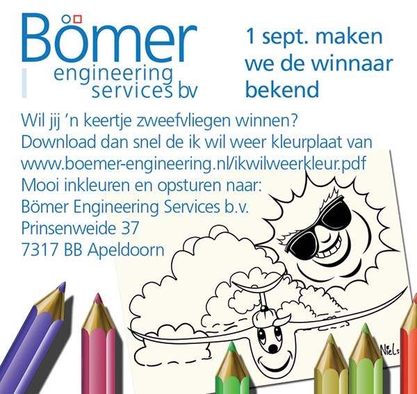 Bomer engineering ondersteund vele goeden doelen in dit geval via een kleurplaat waardoor zieke kinderen een keer in een zweefvliegtuig meekonden.